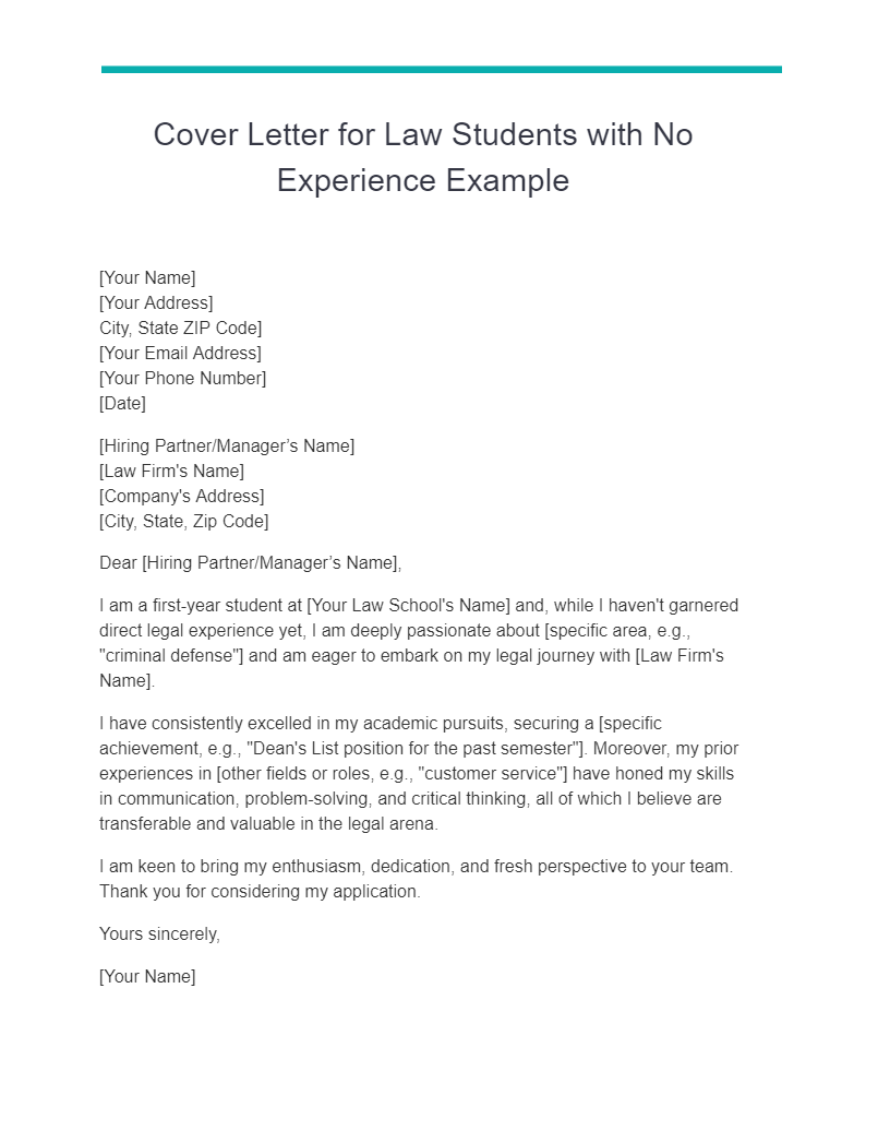 Cover Letter for Law Students with No Experience Example