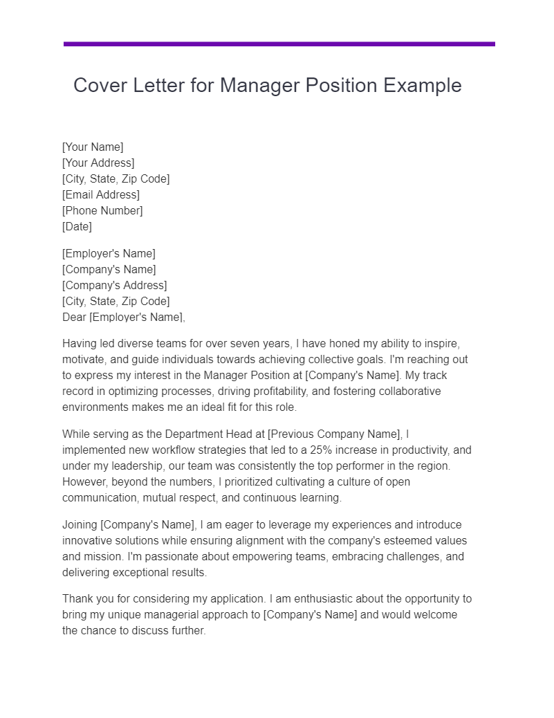 Cover Letter for Manager Position Example