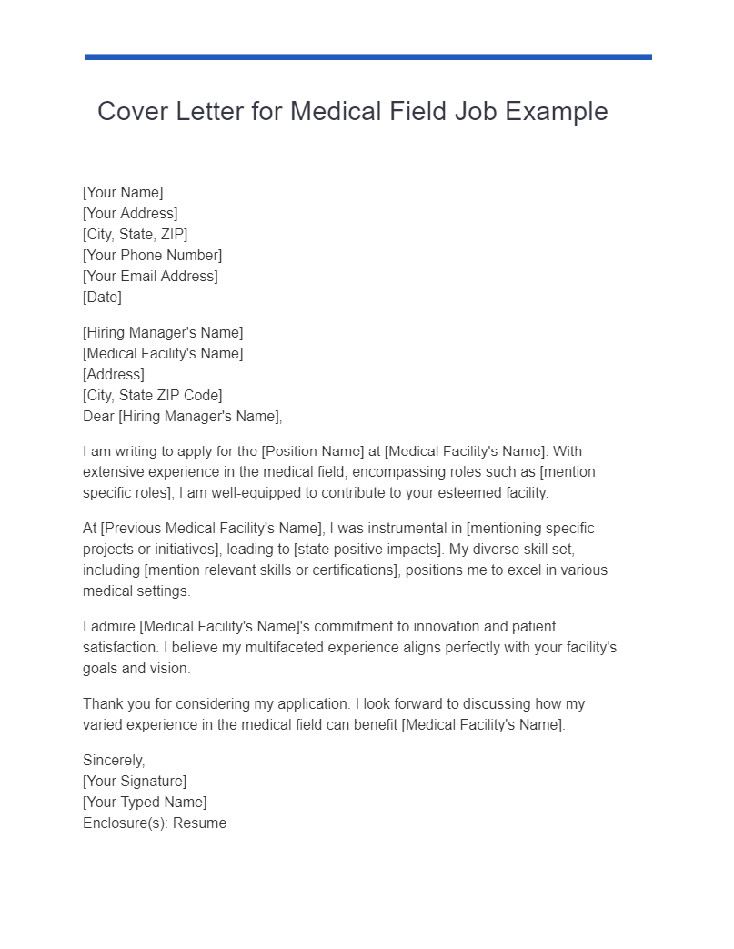Cover Letter for Medical Field Job Example