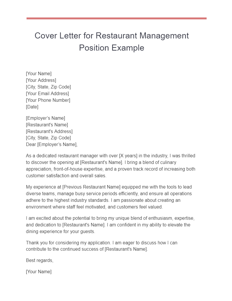 Cover Letter for Restaurant Management Position Example