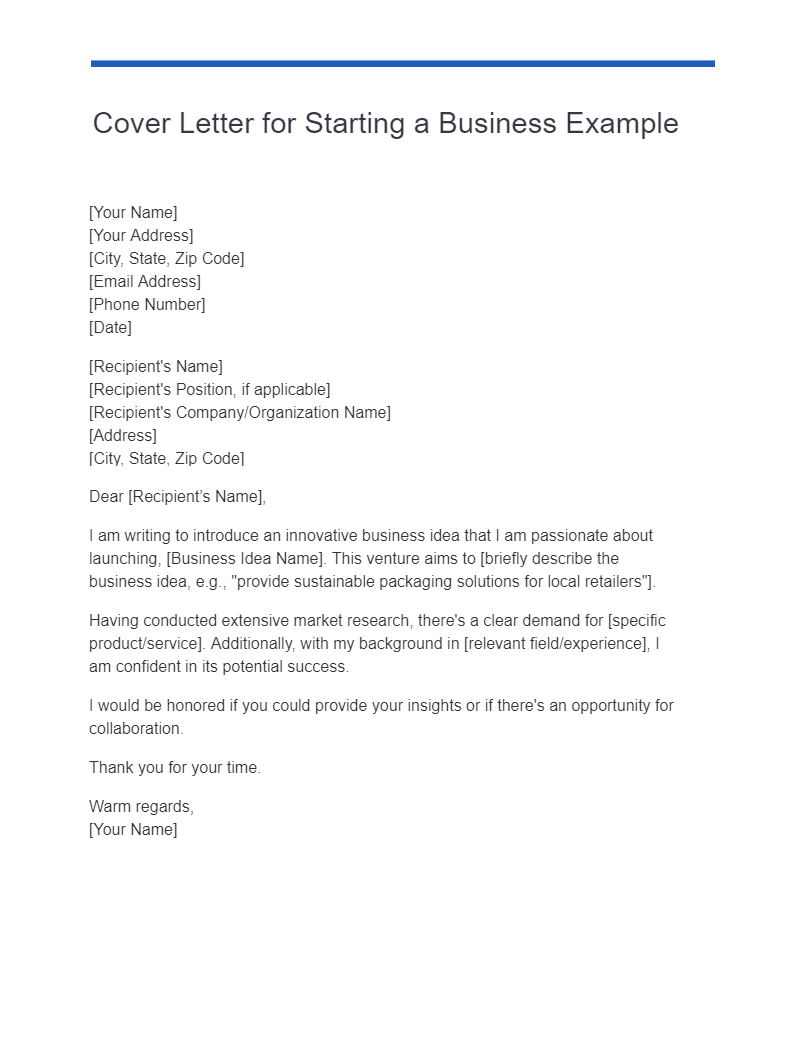 Cover Letter for Starting a Business Example
