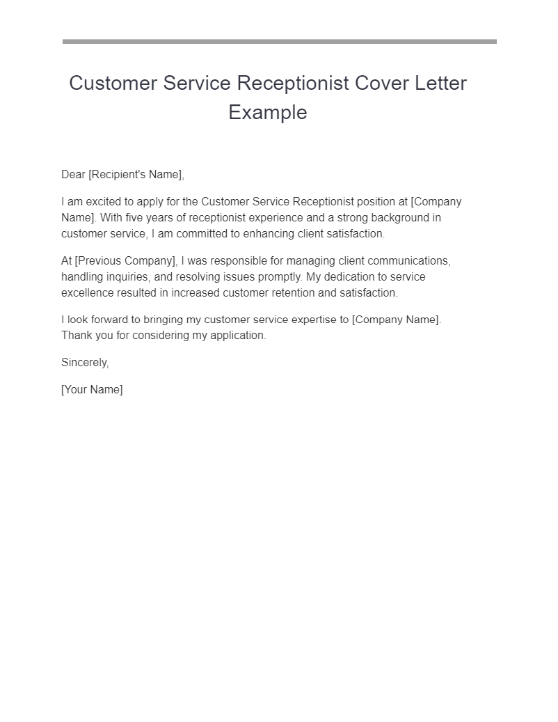 customer service receptionist cover letter example