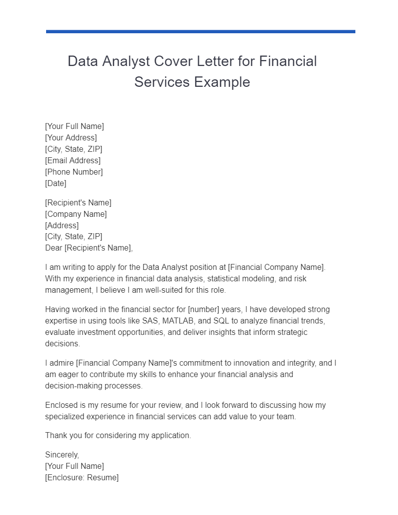 Data Analyst Cover Letter for Financial Services Example