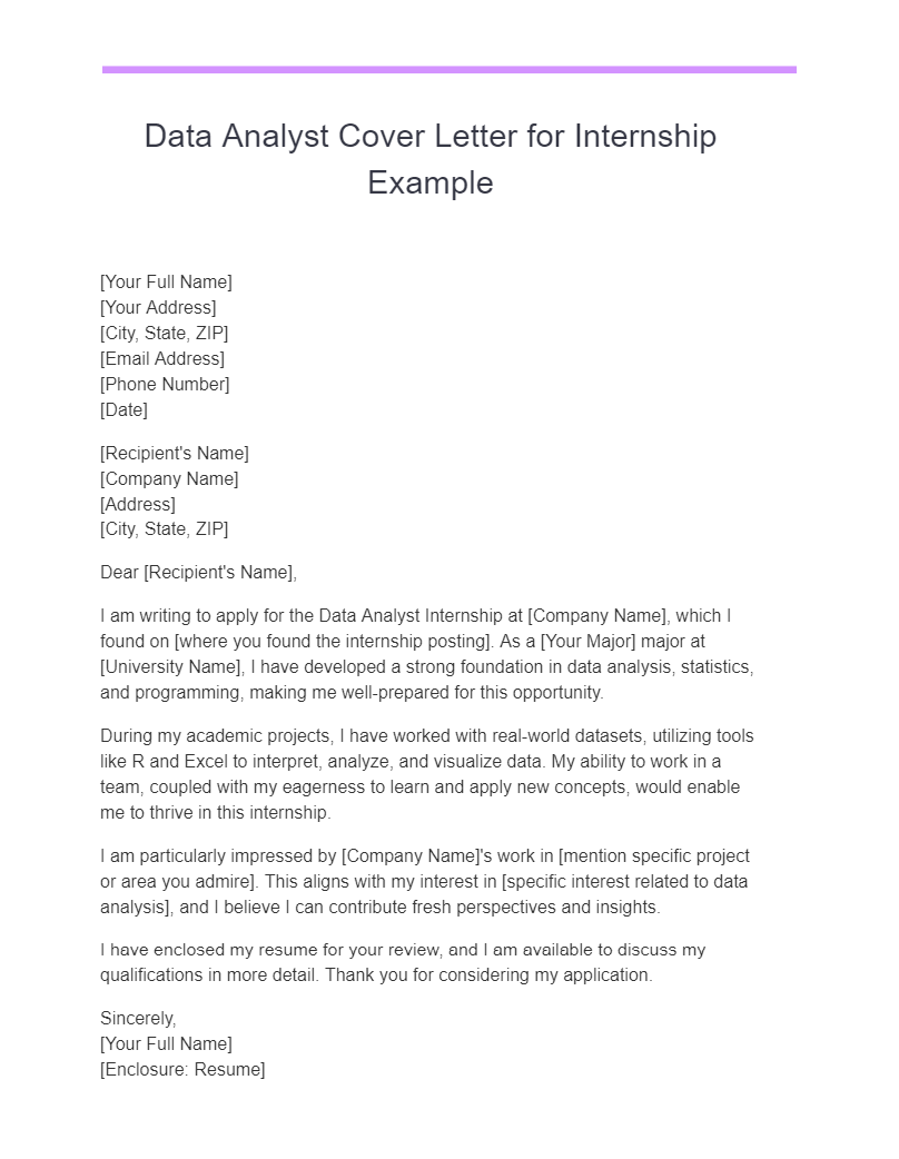 Data Analyst Cover Letter for Internship Example