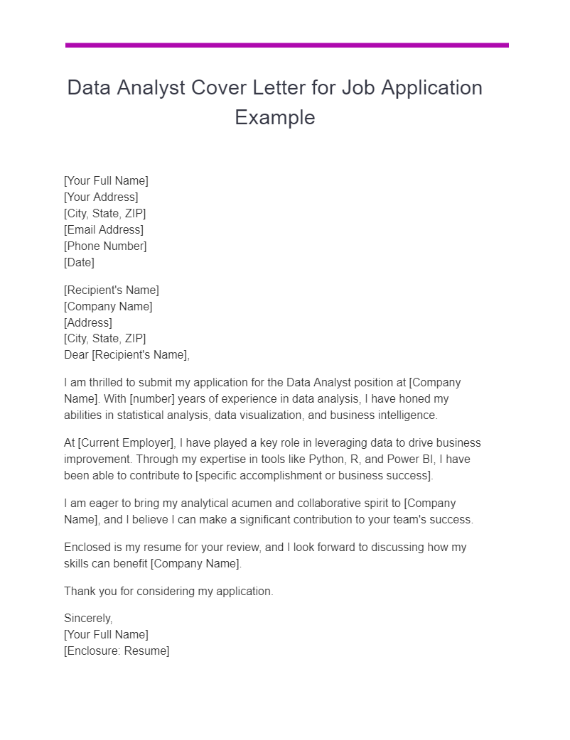 Data Analyst Cover Letter for Job Application Example