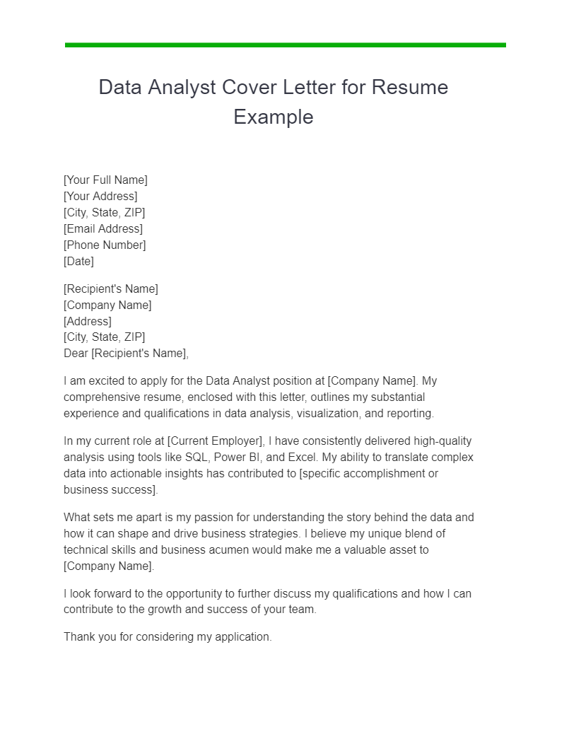Data Analyst Cover Letter for Resume Example
