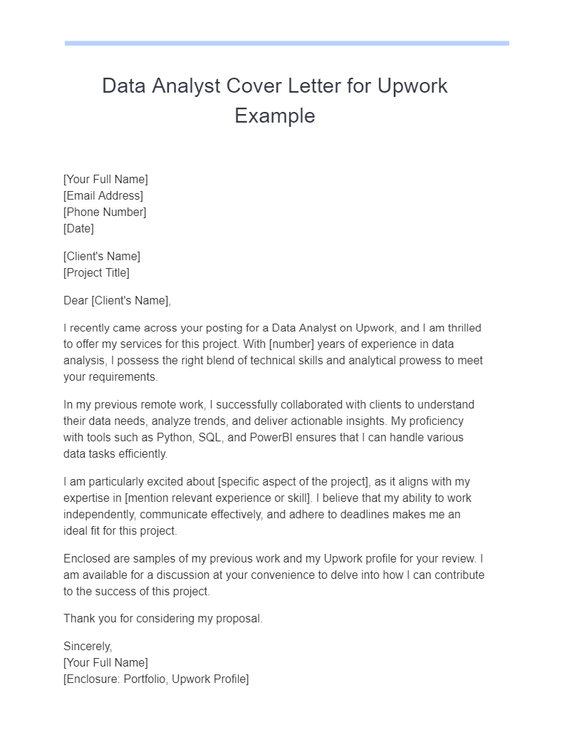 Data Analyst Cover Letter for Upwork Example