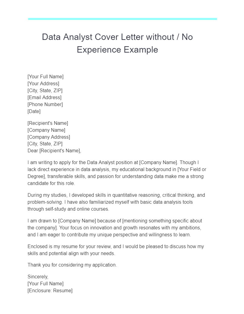 Data Analyst Cover Letter without No Experience Example