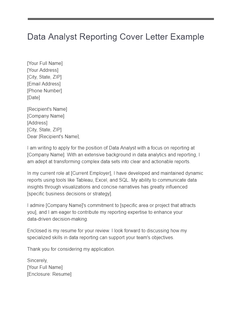 Data Analyst Reporting Cover Letter Example
