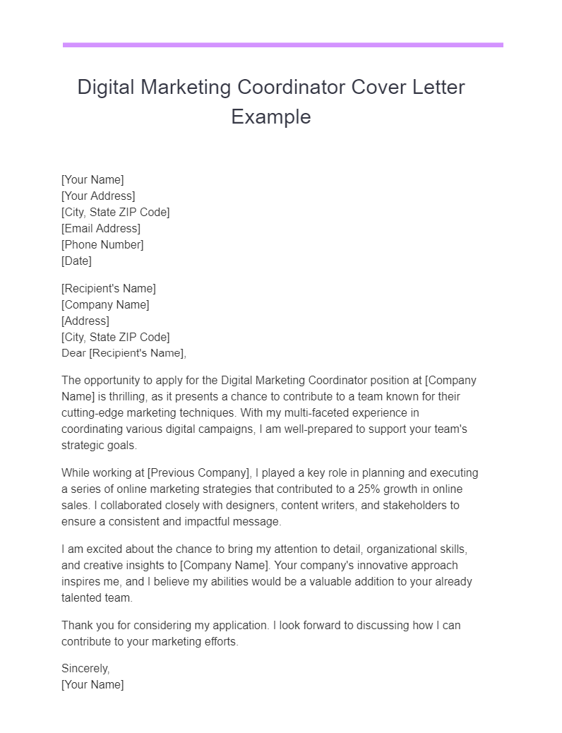 Digital Marketing Coordinator Cover Letter Example