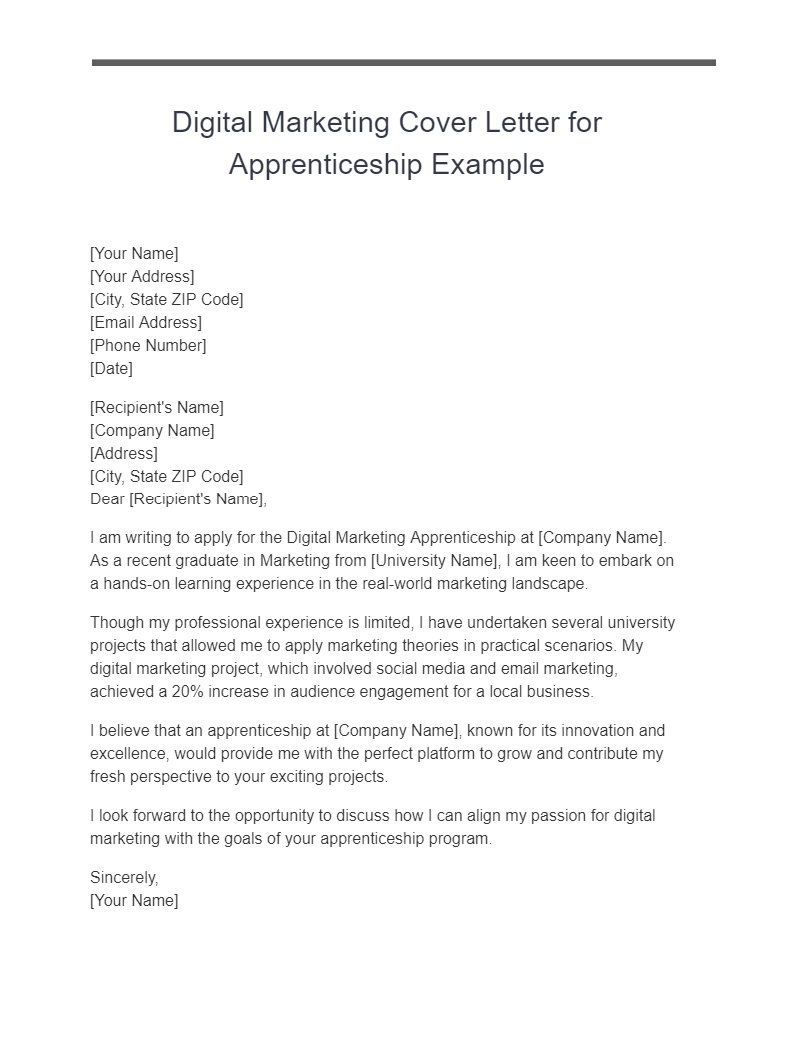 Digital Marketing Cover Letter for Apprenticeship Example