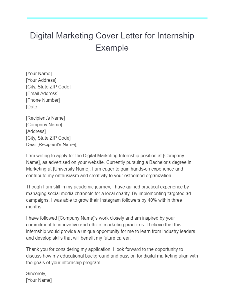Digital Marketing Cover Letter for Internship Example
