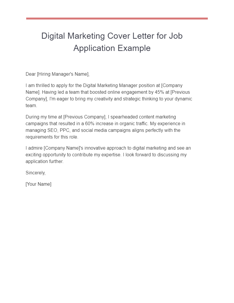 Digital Marketing Cover Letter for Job Application Example
