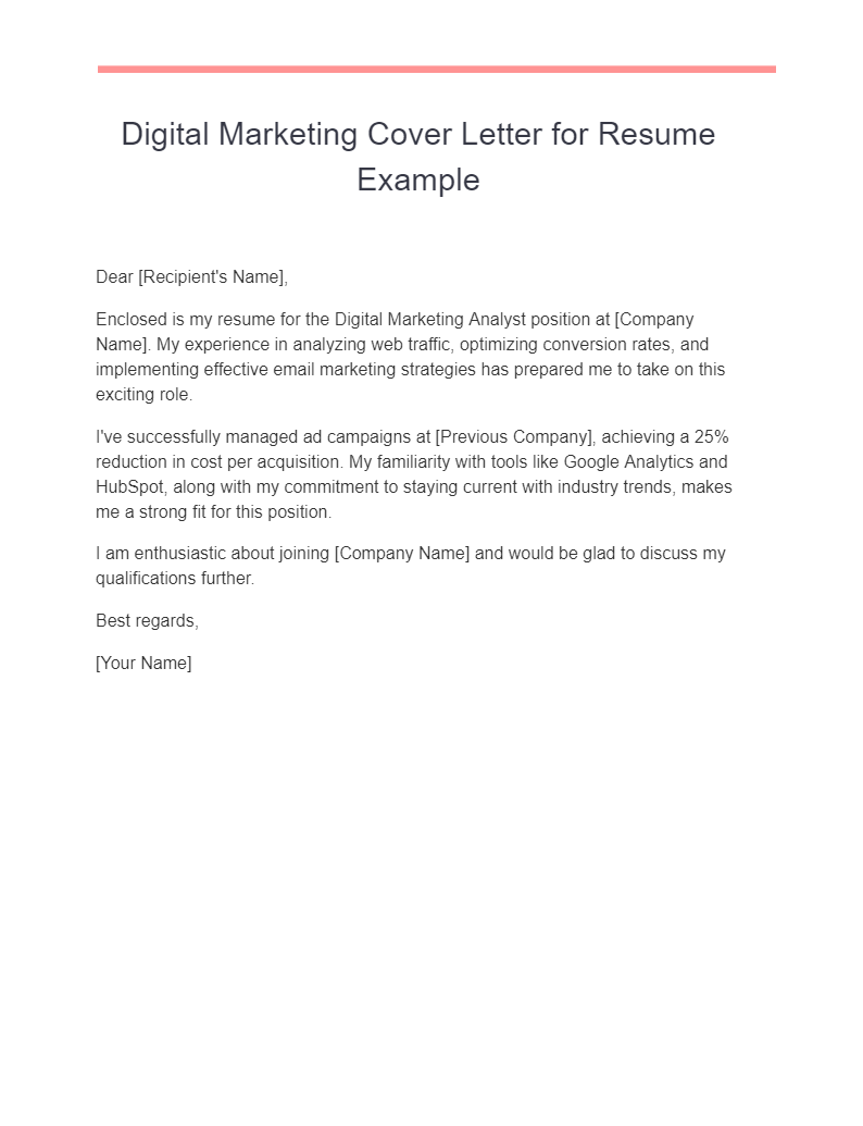 Digital Marketing Cover Letter for Resume Example