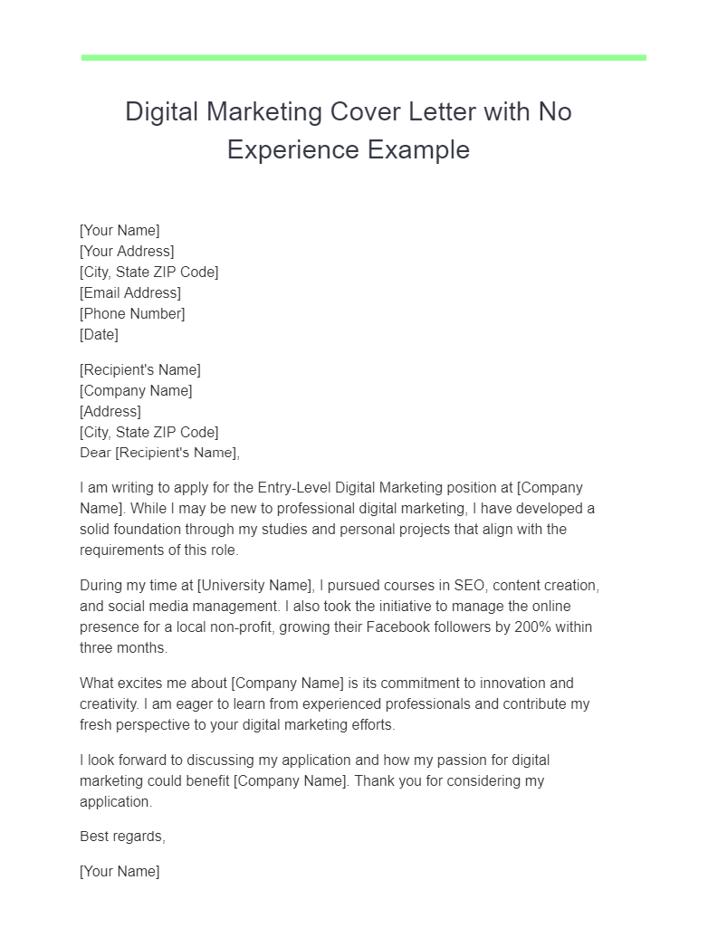 Digital Marketing Cover Letter with No Experience Example