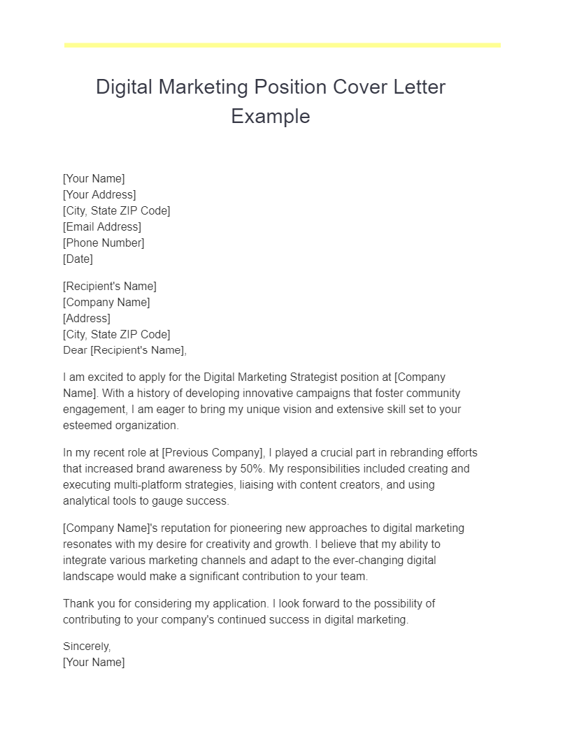 Digital Marketing Position Cover Letter Example