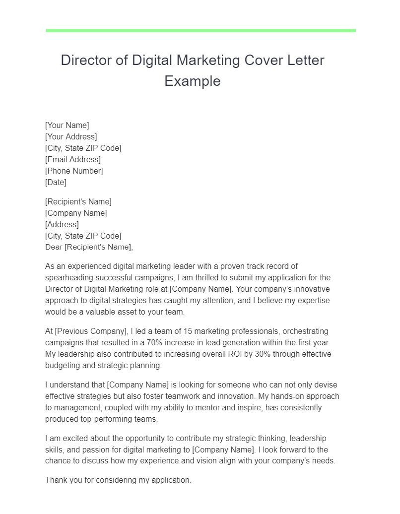 Director of Digital Marketing Cover Letter Example