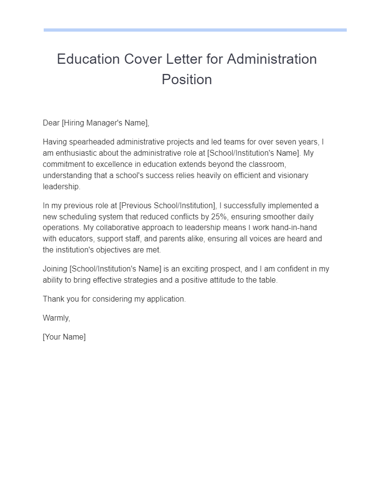 Education Cover Letter for Administration Position