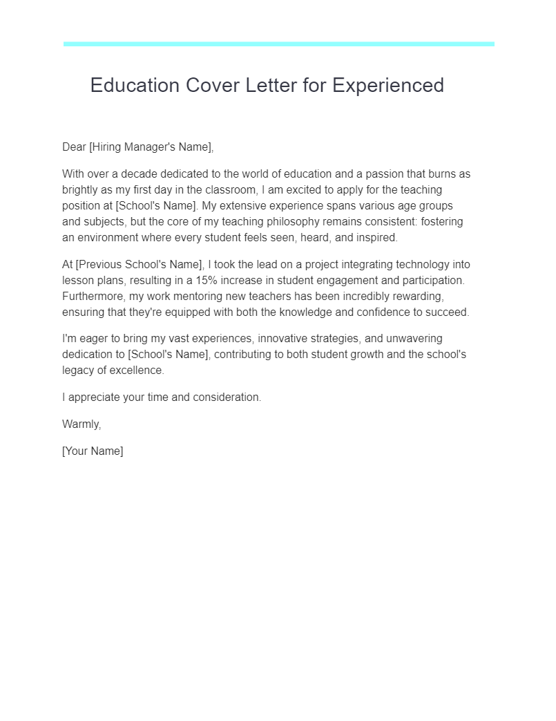 Education Cover Letter for Experienced