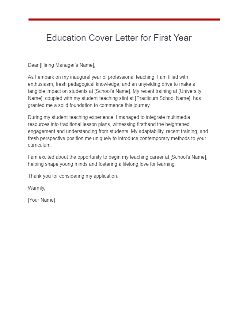 Education Cover Letter for First Year