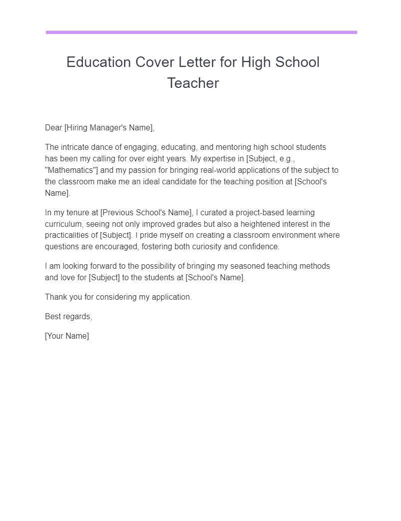 Education Cover Letter for High School Teacher