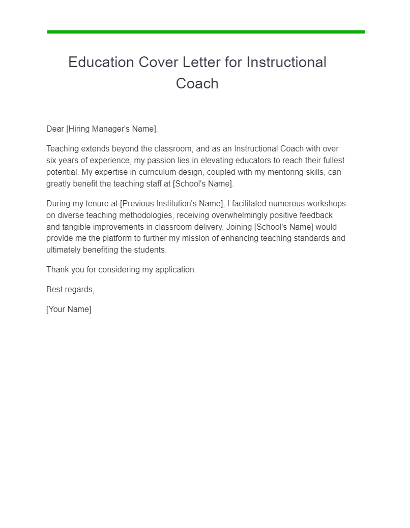 Education Cover Letter for Instructional Coach