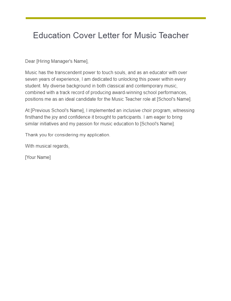 Education Cover Letter for Music Teacher