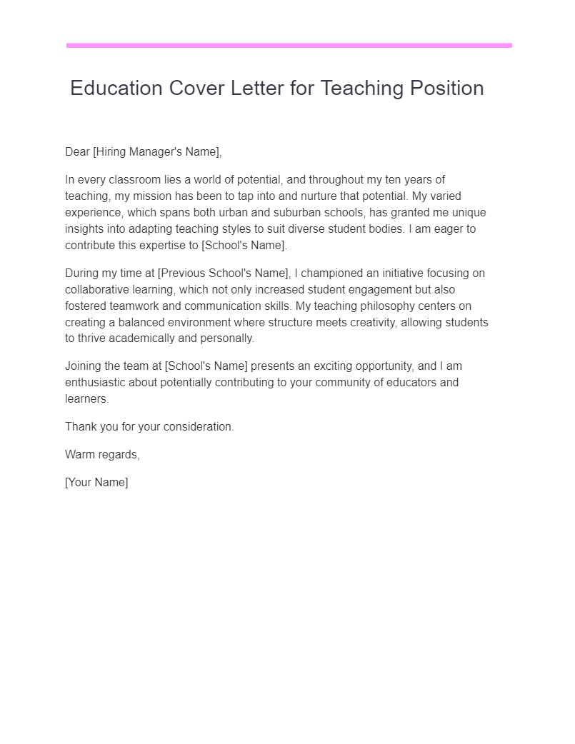 Education Cover Letter for Teaching Position