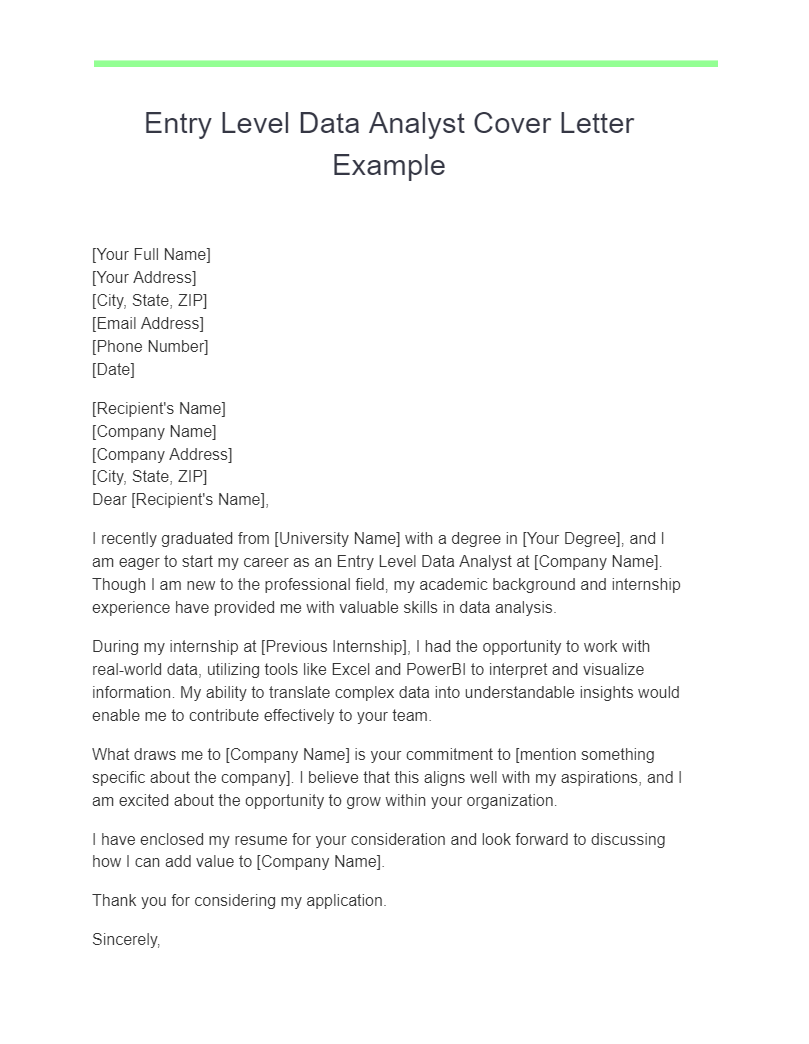 Entry Level Data Analyst Cover Letter Example