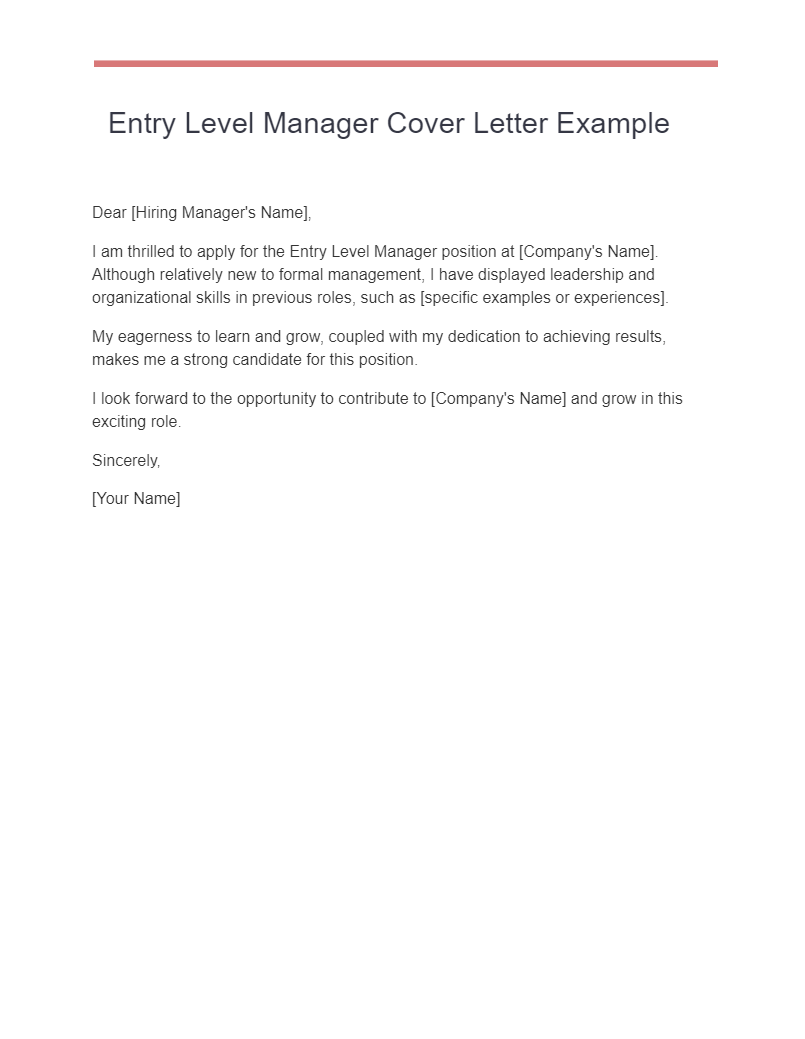 Entry Level Manager Cover Letter Example