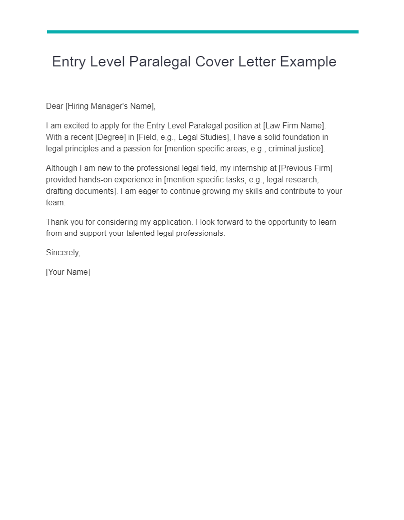 entry level paralegal cover letter example