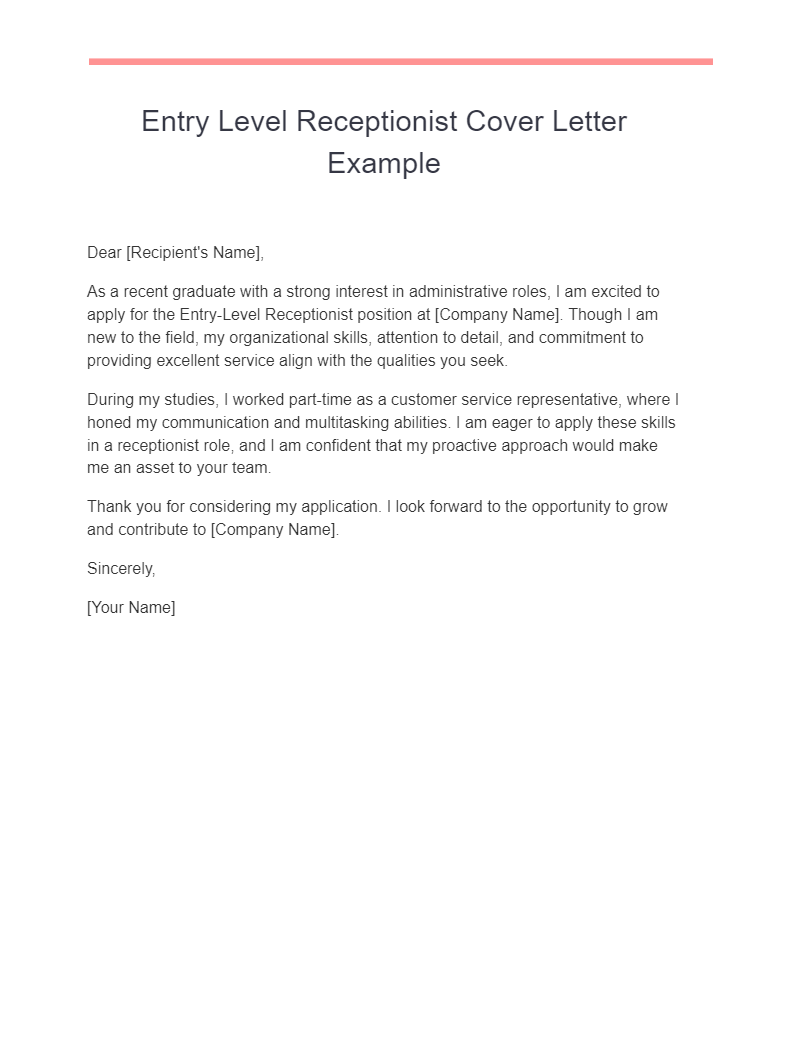 entry level receptionist cover letter example