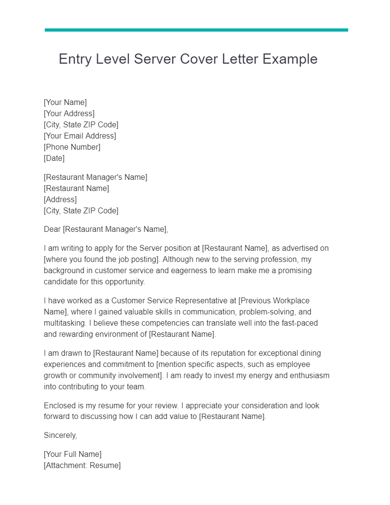 entry level server cover letter example