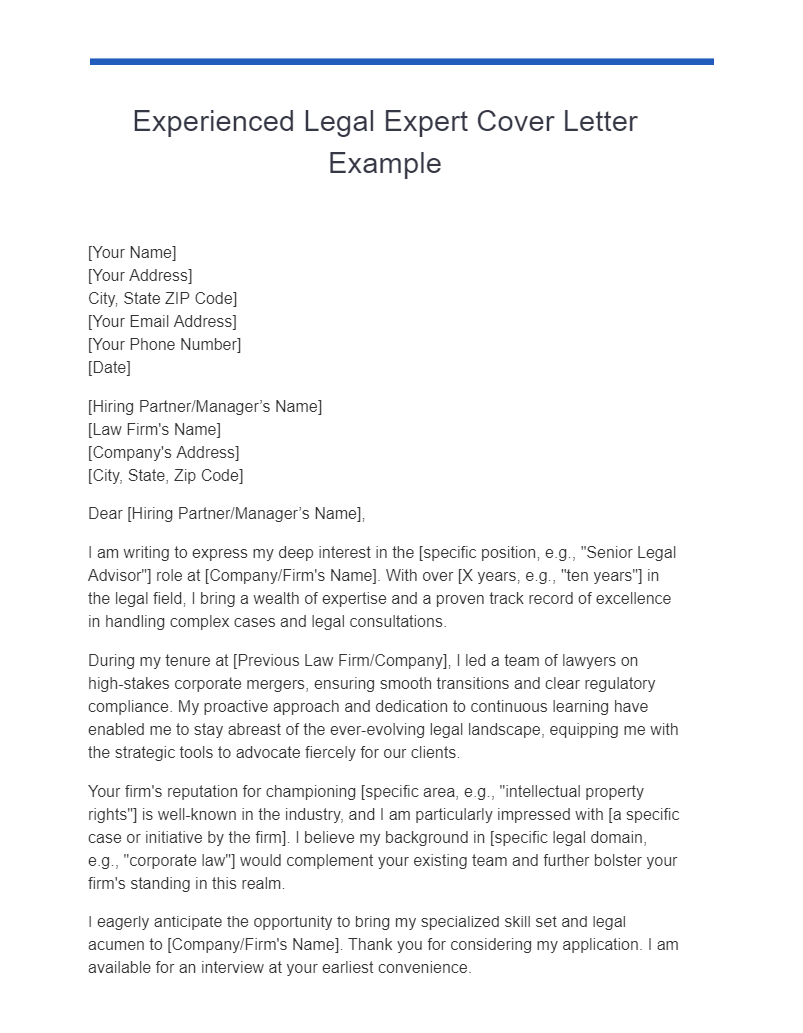 Experienced Legal Expert Cover Letter Example