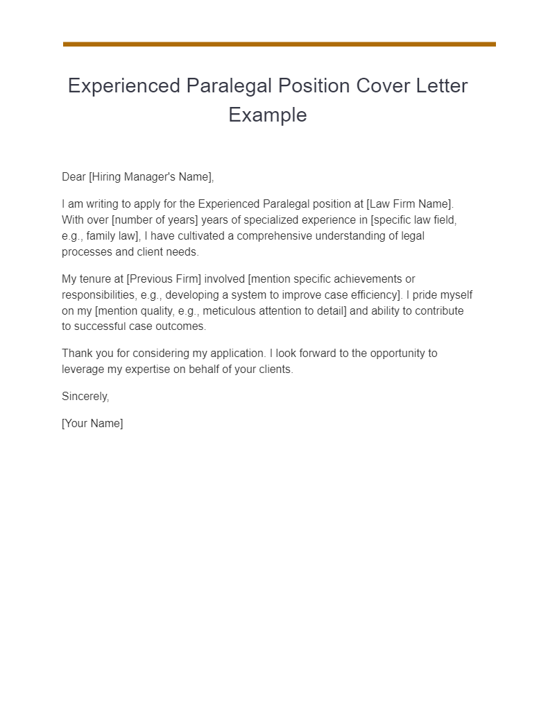 experienced paralegal position cover letter example