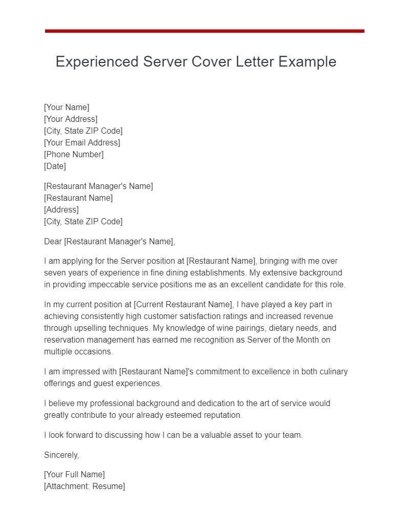 experienced server cover letter example