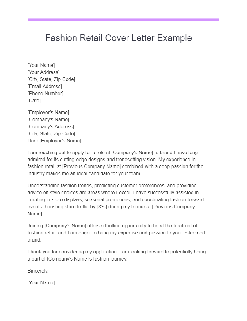 Fashion Retail Cover Letter Example