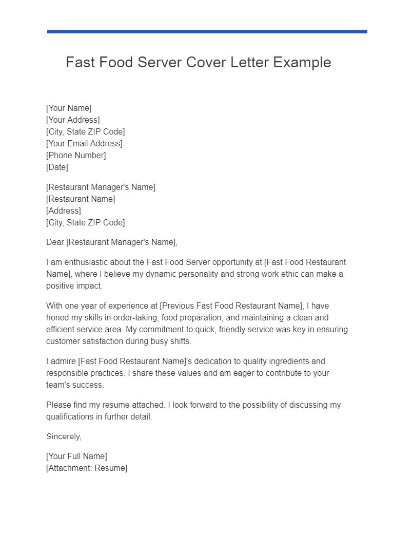 fast food server cover letter example
