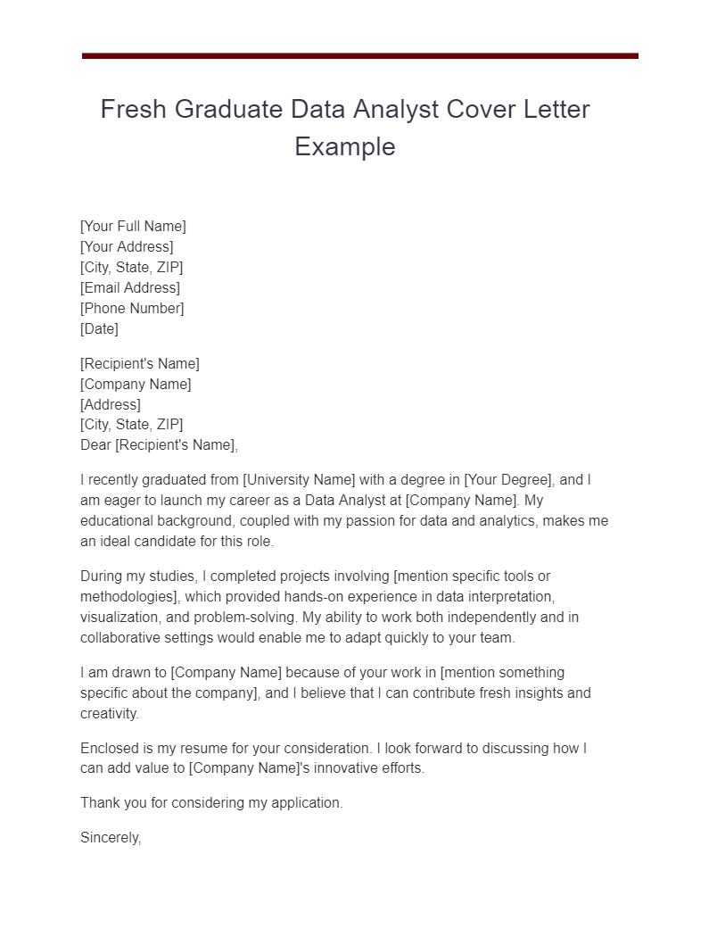 Fresh Graduate Data Analyst Cover Letter Example