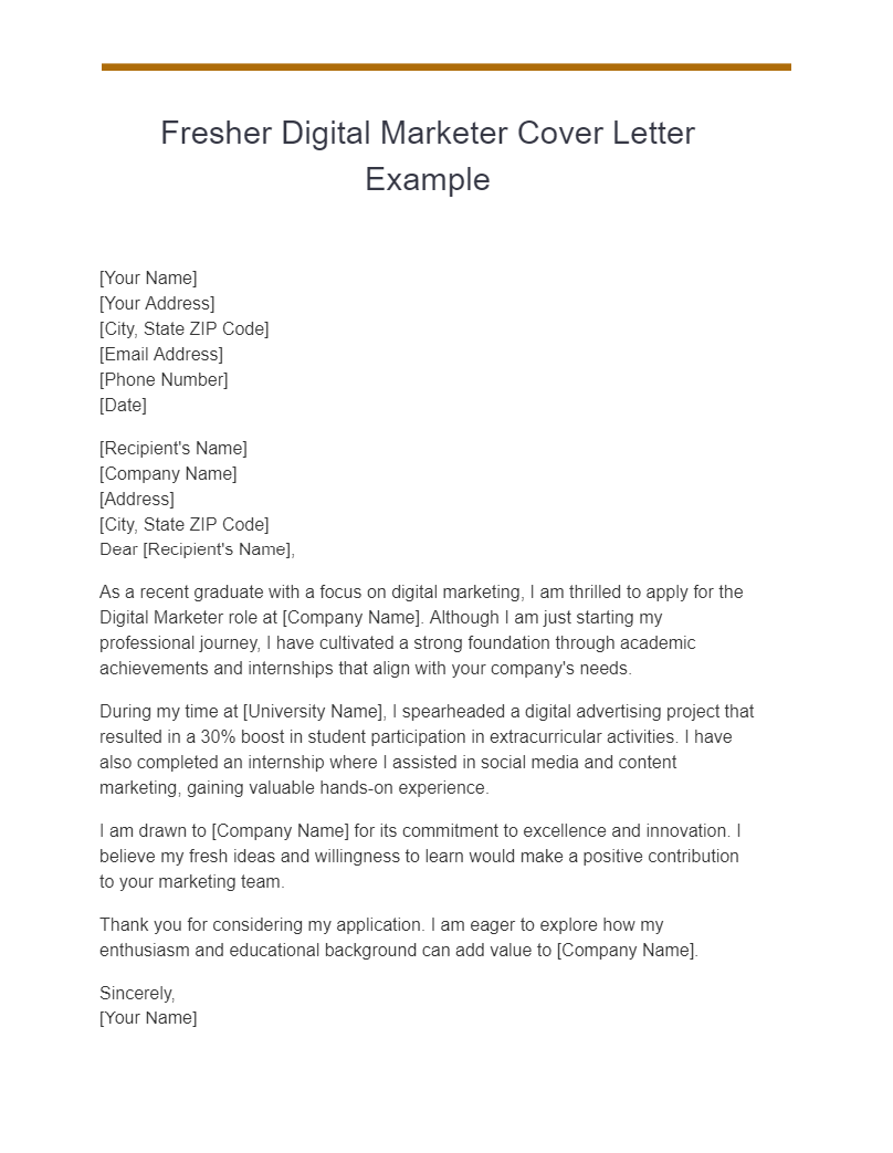 Fresher Digital Marketer Cover Letter Example