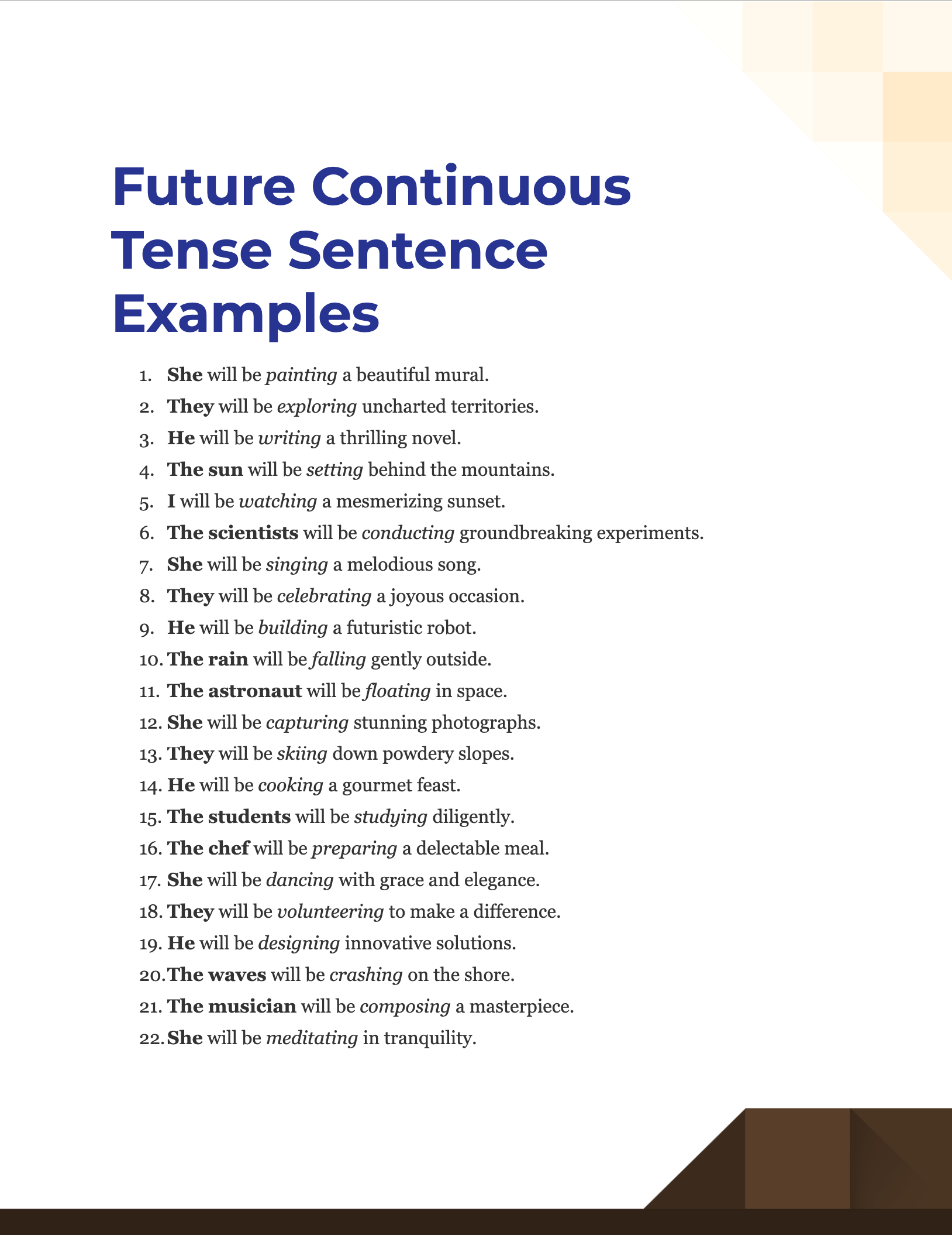 Future Continuous Tense Sentence - 99+ Examples, How to Practice, PDF, Tips