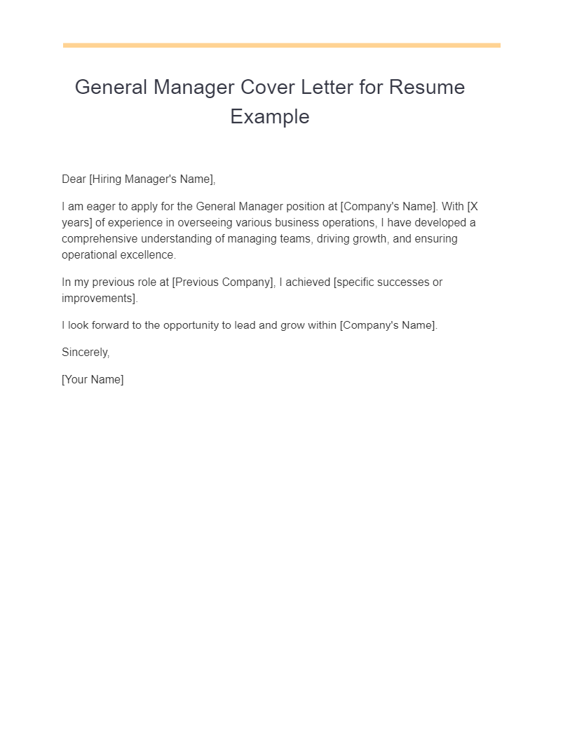 General Manager Cover Letter for Resume Example
