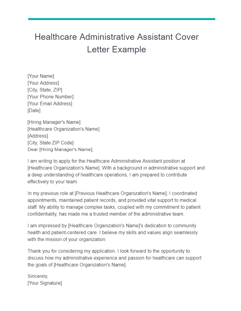 Healthcare Administrative Assistant Cover Letter Example