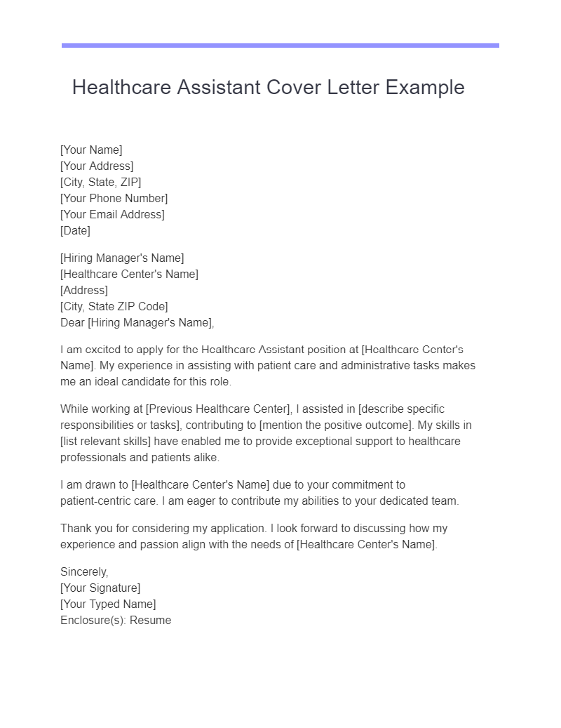 Healthcare Assistant Cover Letter Example