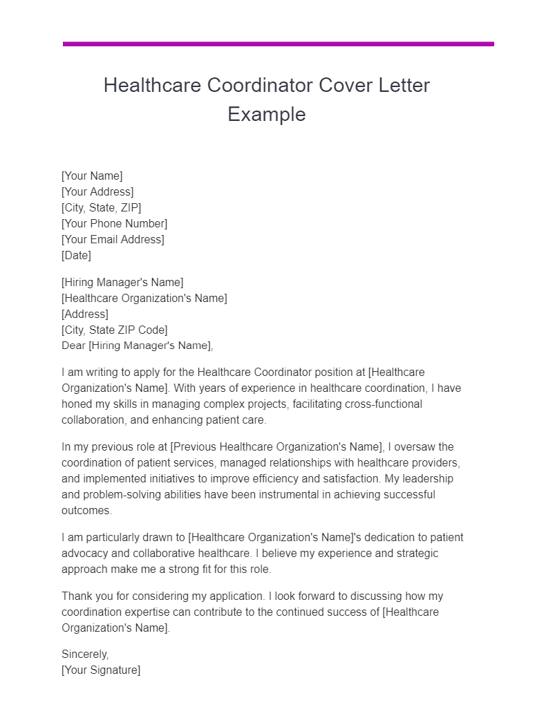 Healthcare Coordinator Cover Letter Example