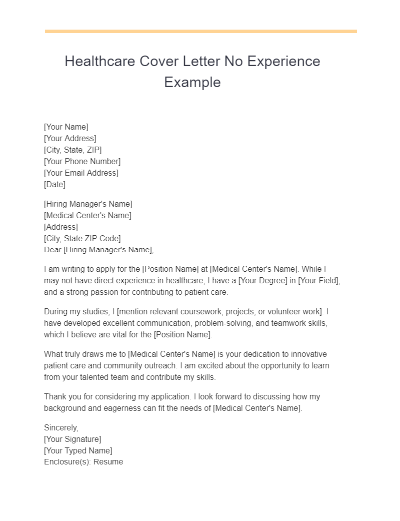 Healthcare Cover Letter No Experience Example