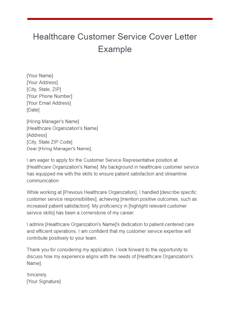 Healthcare Customer Service Cover Letter Example