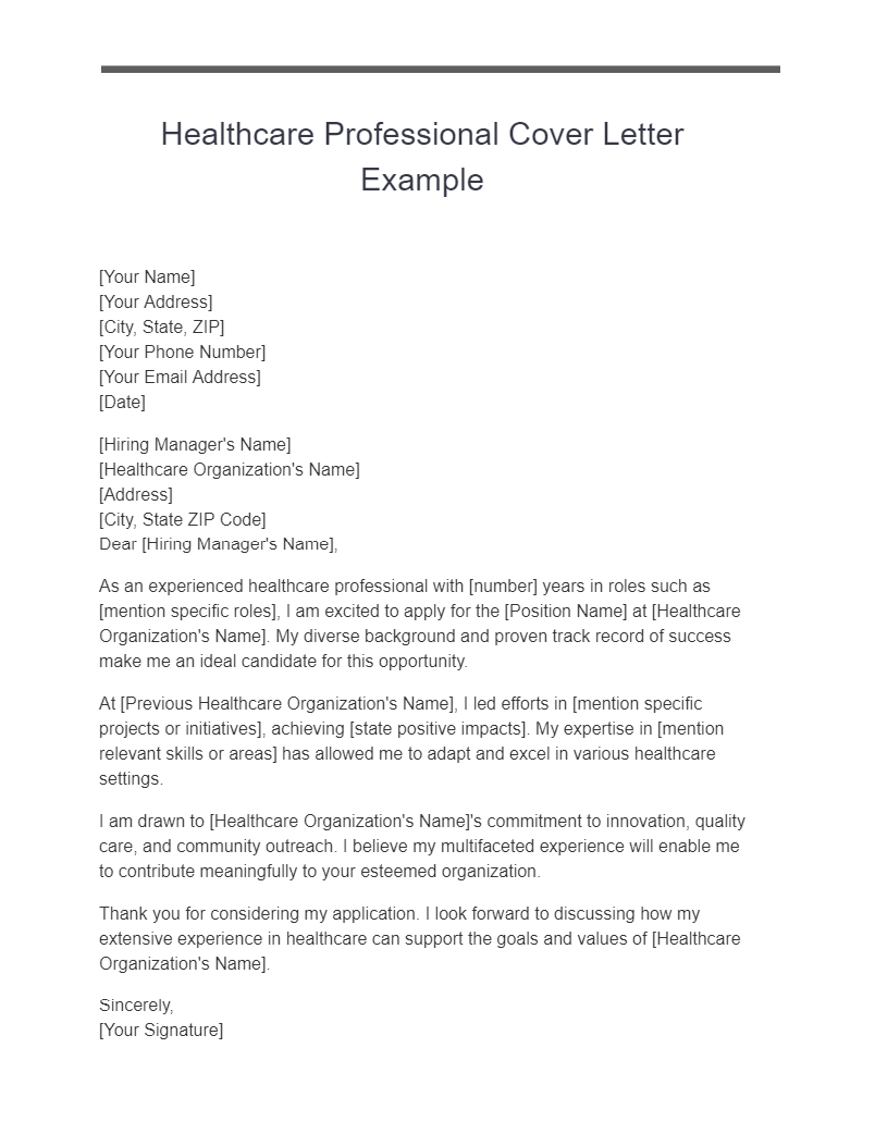 Healthcare Professional Cover Letter Example