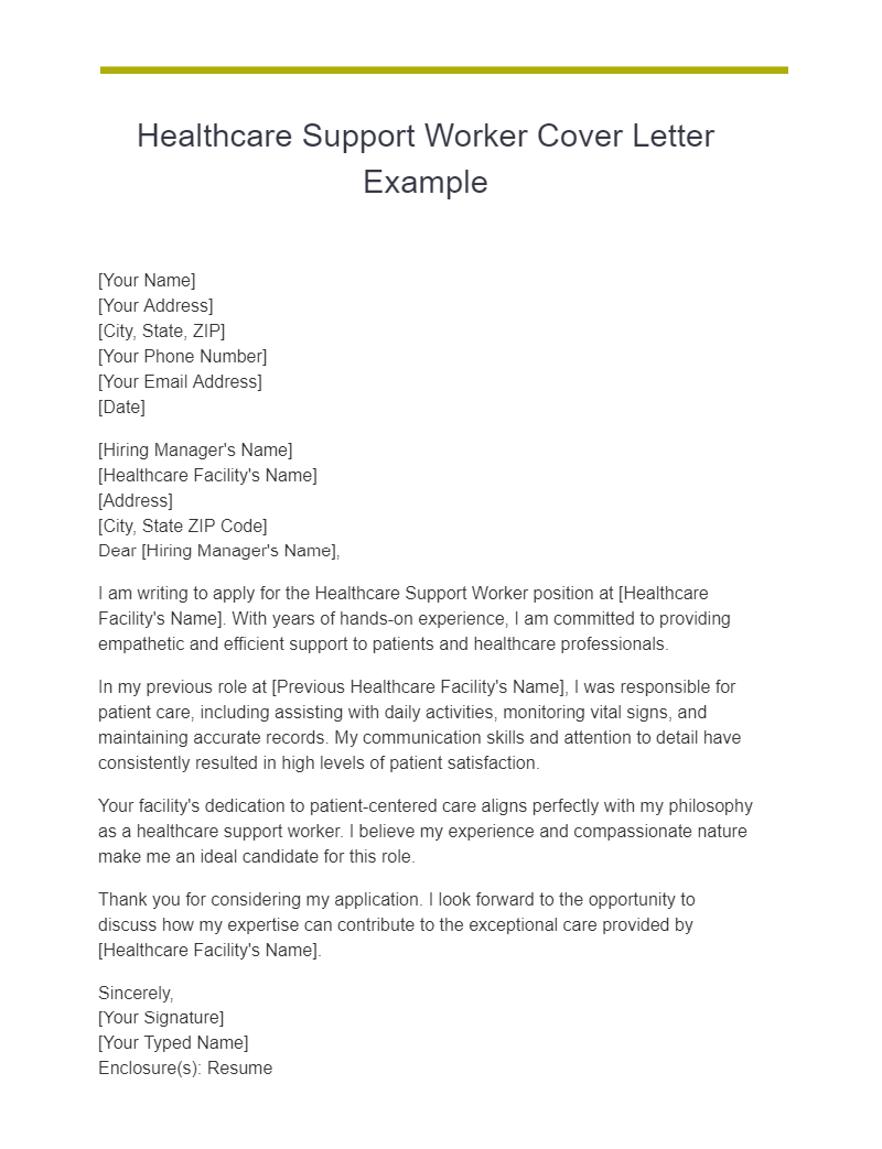 Healthcare Support Worker Cover Letter Example