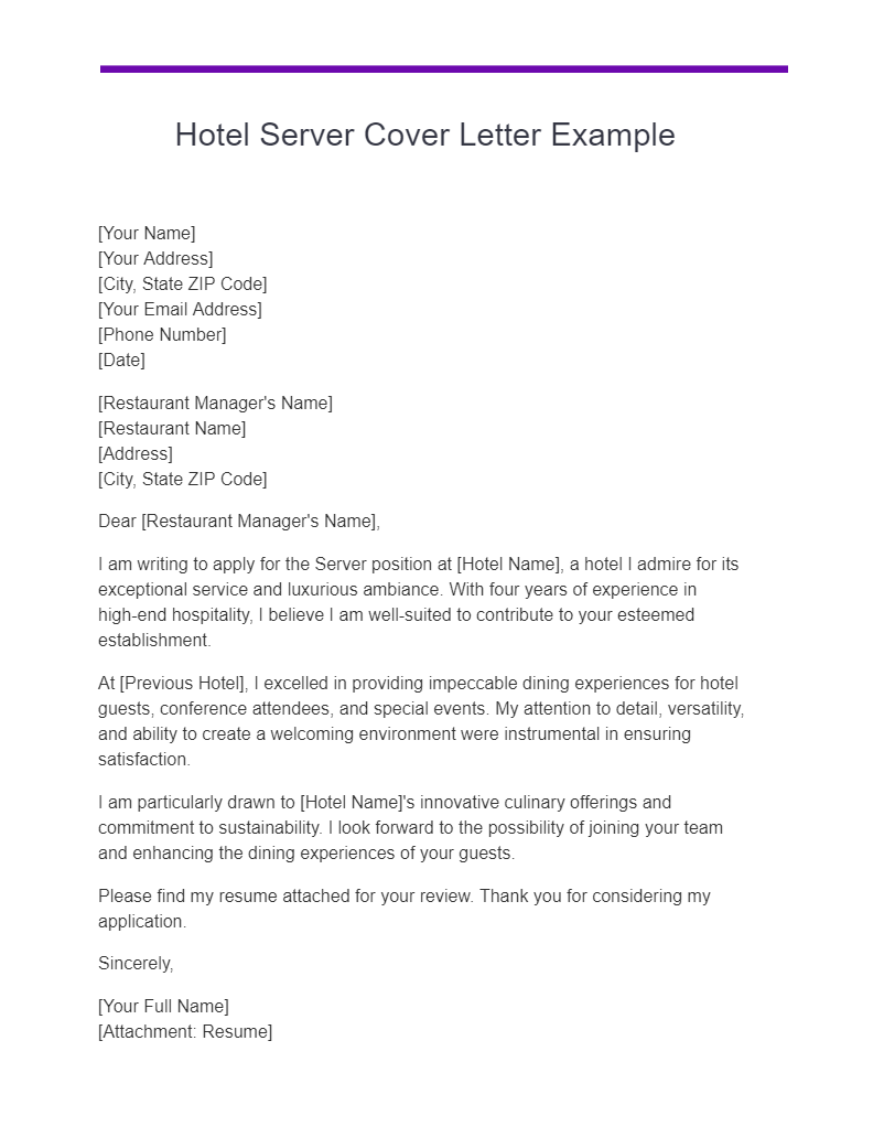 hotel server cover letter example